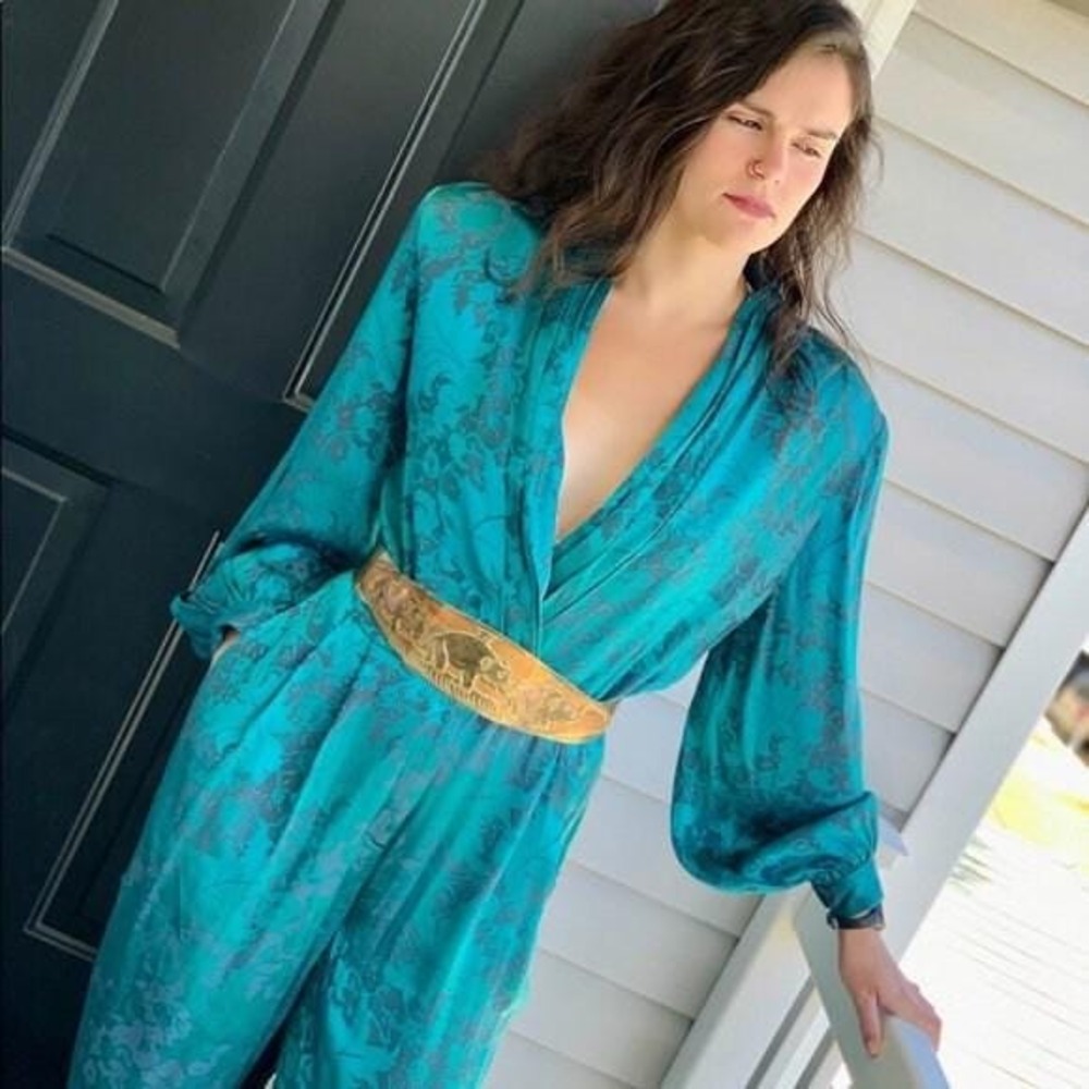 Vintage Floral Jacquard Jumpsuit Womens Size M Teal‎ Green Excellent V-Neck 80s